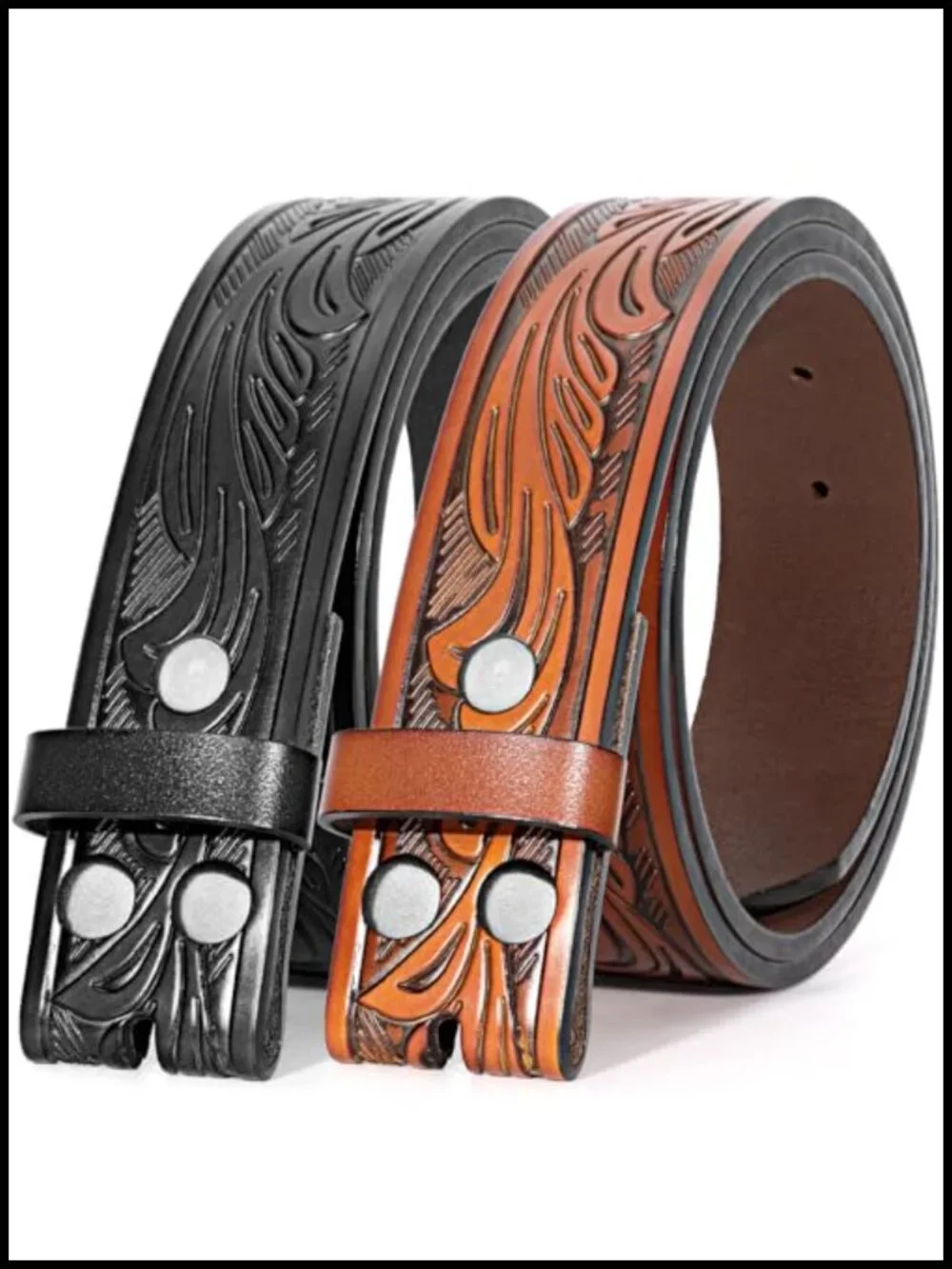 Handmade Western Leather Belt Straps 2 Pack, Embossed Cowboy Cowgirl Belt, No